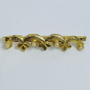 Elegant Gold Tone Faux Pearl Brooch Pin Floral Vine Design Fashion Jewelry